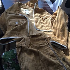 Jacket and tan skirt